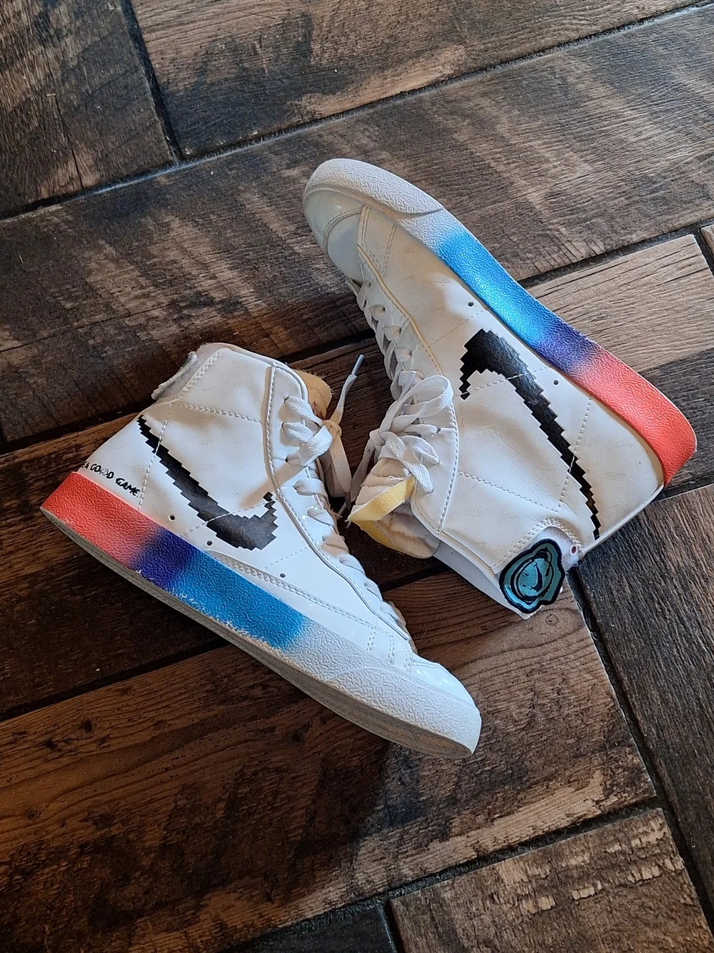 Nike Blazer Mid Pixel Swoosh White with Black and Gradient Red-Blue Midsole